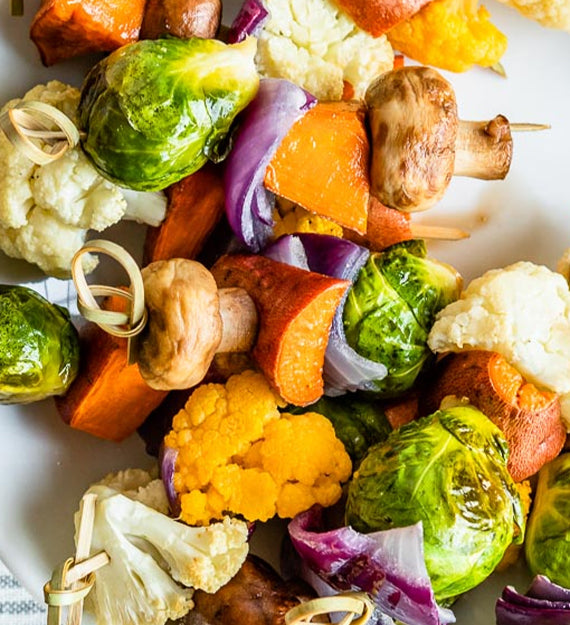 EVOO Roasted Vegetable Skewer - Brussels Sprouts, Cauliflower, Mushroom, Butternut Squash, Sriracha Maple Tahini Dipping Sauce