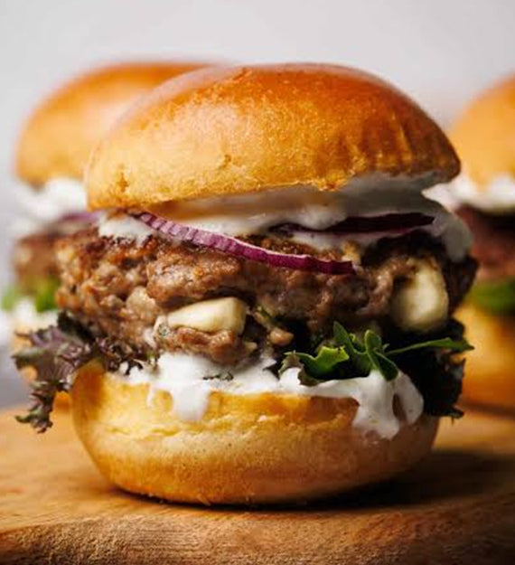 Mediterranean Minted Lamb Meatball Slider - Feta Cucumber Tzatziki, Smoked Tomato Jam, and Pickled Onion