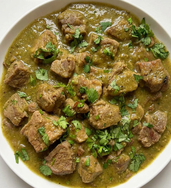 Pork Chili Verde, Poblano, Anaheim, Tomatillo, Onion, Jalapeno, Garlic, Cilantro, Cumin