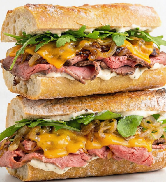 Roast Beef - Roasted Red Pepper, Horseradish Garlic Aioli, Caramelized Onion, Cheddar Cheese, Arugula, French Country Roll