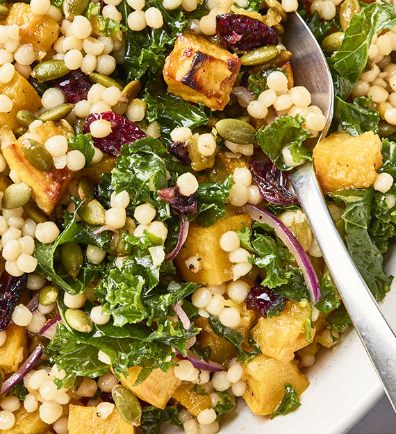Roasted Vegetable Couscous Pilaf, Swiss Chard, Squash, Cranberry, Pumpkin Seed, Carrot, Fennel, Chickpea, Herbs, and White Balsamic Vinaigrette