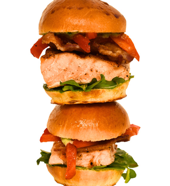 Grilled Filet of Salmon Slider – Lemony Green Goddess Aioli, Romaine Heart, Fresh Tomato, and Red Onion