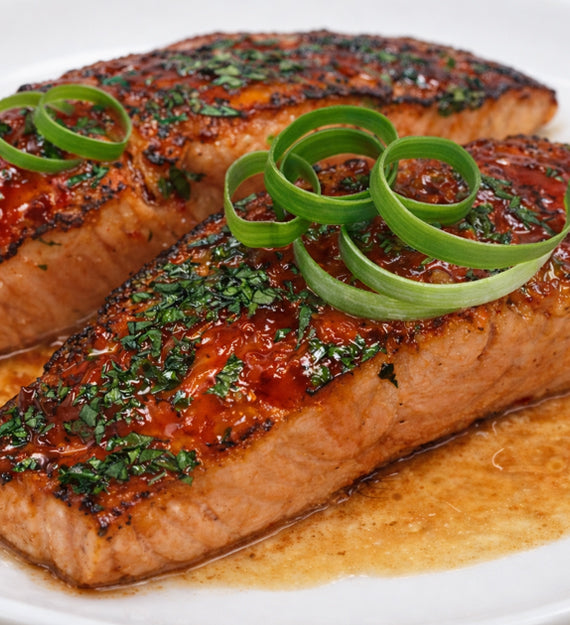 Grilled Filet of Salmon, Sweet Hot Chili Glazed, Toasted Sesame Seed, Scallion Ribbon