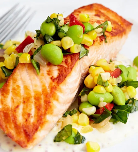 Grilled Filet of Salmon, with Fresh Corn, Asparagus, Mushroom, and Fava Bean Succotash, and Lemony White Wine Sauce