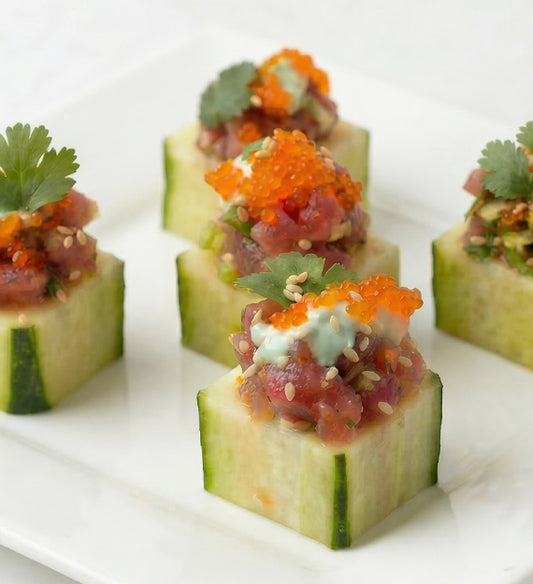 Ahi Tuna Tartare, Tobiko Caviar, Wasabi Aioli, Chive, and Toasted Sesame Seed Cucumber Jewel Box