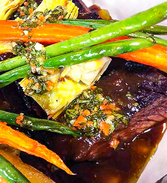 Warm Weather Beef Short Rib, Slow Simmered in Pinot Noir and Herbs, Baby Carrot, Green Beans, Artichoke Heart, and Radish, and Carrot Greens Gremolata