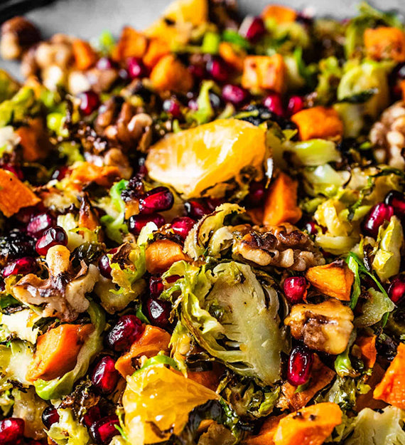 Brussels Sprouts Salad, Butternut Squash, Cranberry, Toasted Walnut, Fennel, Pomegranate, and Apple Cider Vinaigrette
