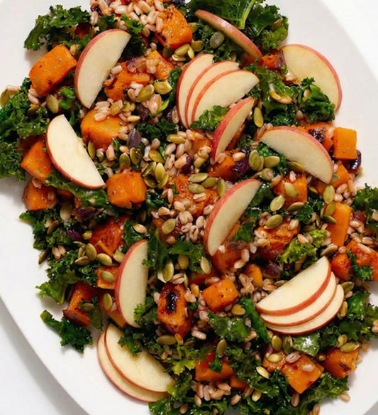 Roasted Butternut Squash, Farro, Autumn Greens and Kale, Honeycrisp Apple, Cranberry, Pumpkin Seeds, Apple Cider Vinaigrette