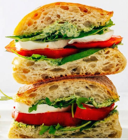 Caprese Sandwich - Fresh Tomato, Mozzarella, Basil Leaves, Balsamic Syrup, Pesto Aioli, French Country Roll