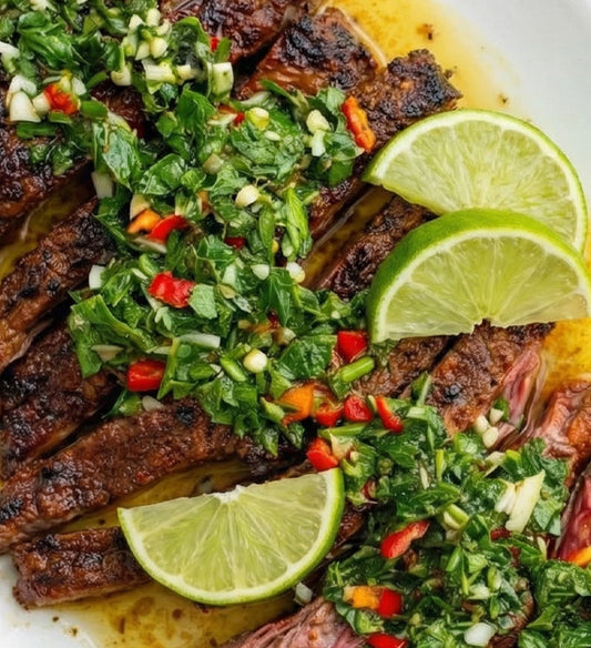 Grass-fed Carne Asada, Blistered Red Bell Pepper, Lime Chimichurri