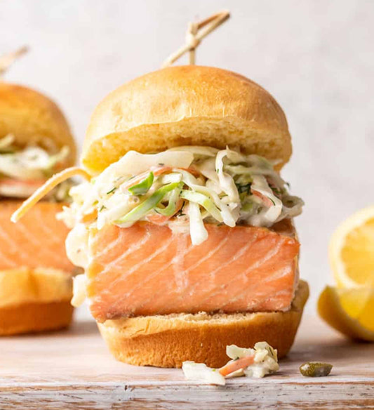 Cedar-Plank Pink Peppercorn Salmon Slider, Lemony Basil Aioli, Cucumber Slaw
