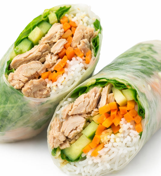 Chicken Banh Mi Spring Roll – Lemongrass Ginger Chicken, Mango, Jicama, Vermicelli Noodle, House Pickled Carrot and Red Onion, Cucumber, Fresh Cilantro and Mint, Sriracha Lime Aioli