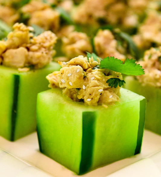 Sesame Wasabi Chicken Salad in a Cucumber Jewel Box