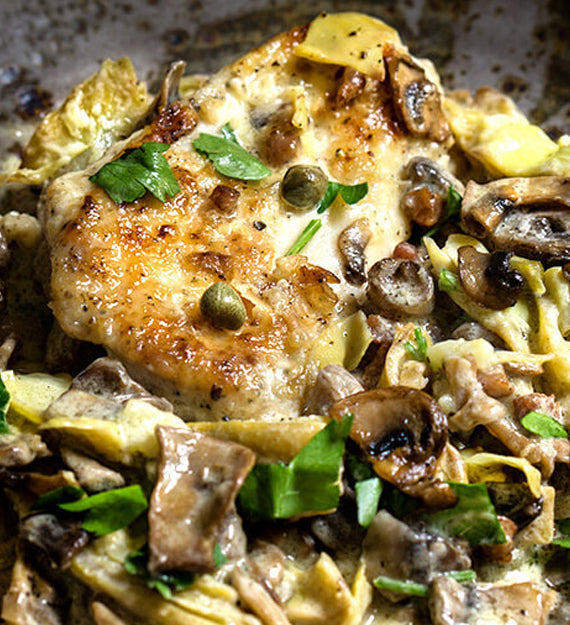 Chicken Piccata, with Artichoke Heart, Mushroom, Caper, Lemony Cream Sauce, and Herbs