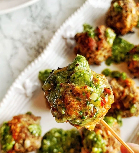 Chimichurri Red Pepper Beef Meatball Skewer, and Slivered Scallion