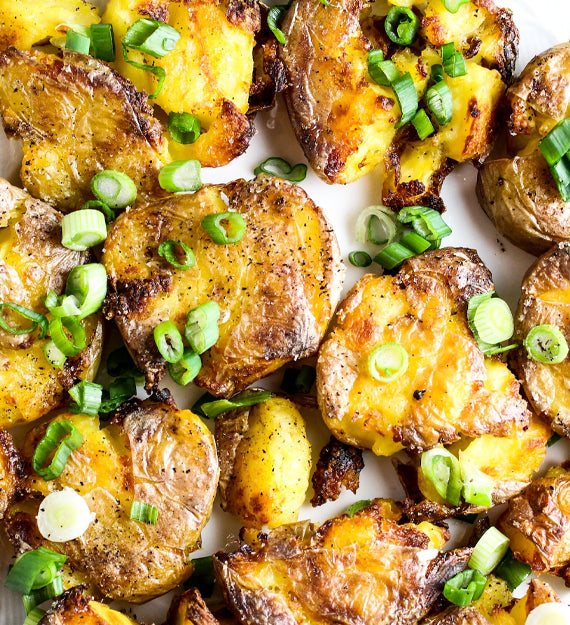 EVOO Garlic Smashed Red Bliss Scallion Potatoes