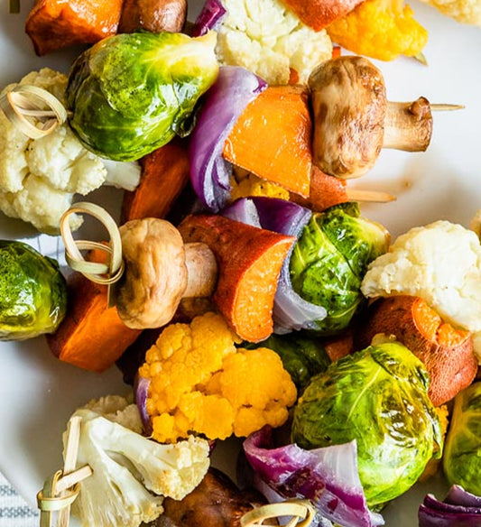 EVOO Roasted Vegetable Skewer - Brussels Sprouts, Cauliflower, Mushroom, Butternut Squash, Sriracha Maple Tahini Dipping Sauce