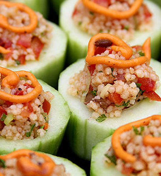 Gingered Saffron Quinoa Red Pepper Hummus Filled Cucumber Jewel Box