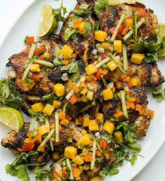 Green Chili Roasted Breast of Chicken, with Cucumber Baton, Fresh Cilantro, Coriander Salt, and Zesty Salsa of Heirloom Cherry Tomato and New Mexico Hatch Chili