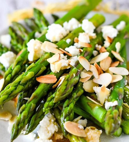 Grilled Asparagus, with Goat Cheese, Toasted Almond, Fresh Basil and Creamy Dijon Dressing