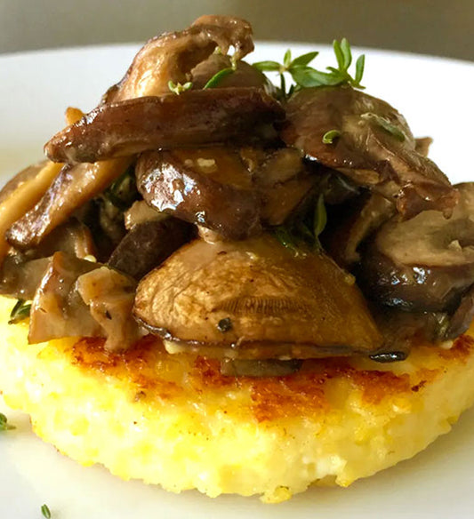 Grilled Polenta Cake, with Balsamic Caramelized Onion Mushroom Ragu, and Fresh Herbs