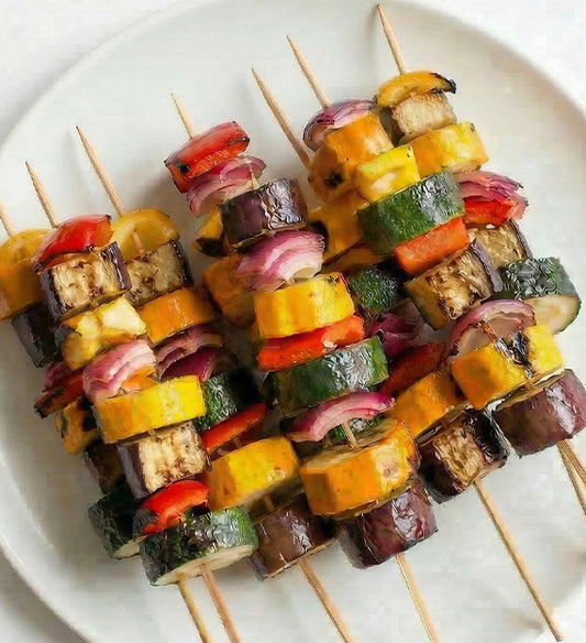Grilled Ratatouille Vegetable Skewer, with Eggplant, Zucchini, Yellow Squash, Red Bell Pepper, and Herb de Provence Tomato Jam