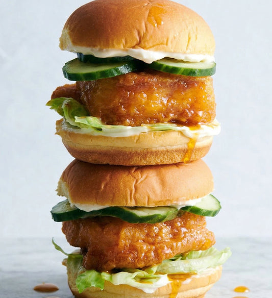 Nashville-Style Hot, Crispy Tofu Slider, Crunchy Cucumber, Dill Pickle