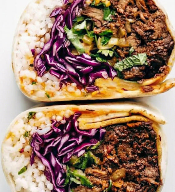 Korean Spiced Beef Short Rib, Jasmine Rice, Purple Cabbage Scallion Slaw, Sriracha Aoili, Flour Tortilla