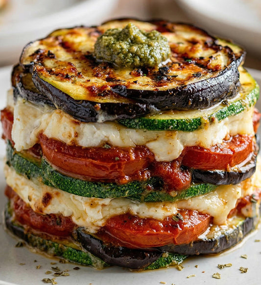 Mediterranean Grilled Eggplant Zucchini Parmesan, Layered with EVOO Tuscan Tomato Garlic Sauce, Bufala Mozzarella, and Fresh Basil Leaves