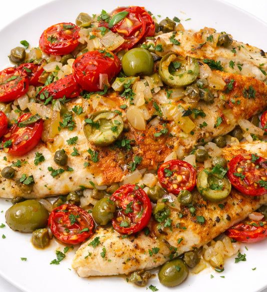 Grilled Red Snapper Mediterranean, Fire Blistered Cherry Tomato, Caper, Kalamata Onion, Garlic, Herbs, White Wine