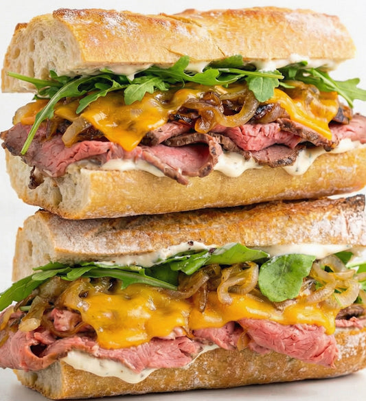 Roast Beef - Roasted Red Pepper, Horseradish Garlic Aioli, Caramelized Onion, Cheddar Cheese, Arugula, French Country Roll