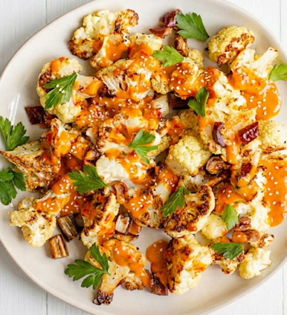 Roasted Cauliflower, Tahini Chili Sauce, Dates, Ginger, Turmeric, Toasted Sesame