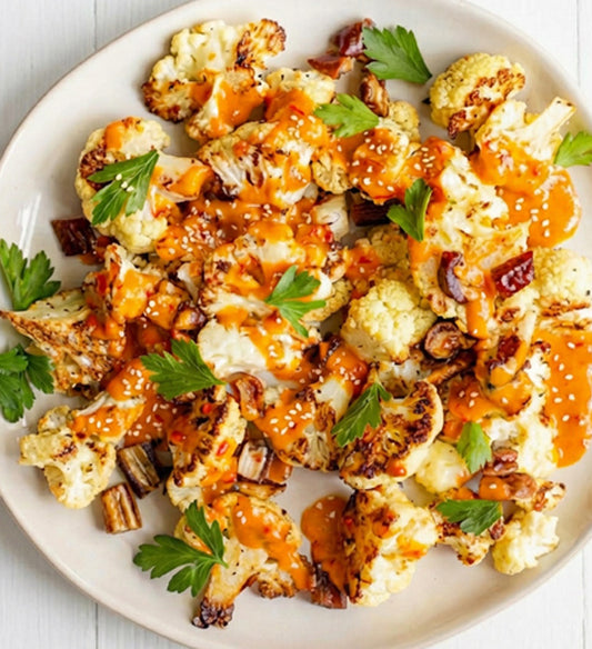 Roasted Cauliflower, Tahini Chili Sauce, Dates, Ginger, Turmeric, Toasted Sesame