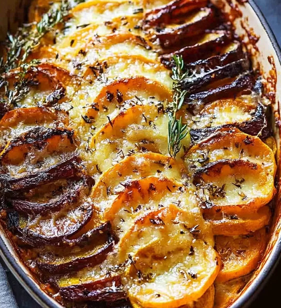 Root Vegetable, Sweet Potato, Parsnip, Beet Gratin, with Goat Cheese and Fresh Thyme