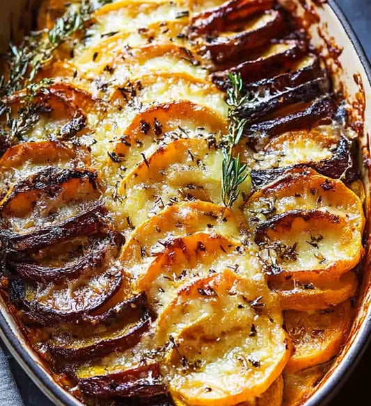 Root Vegetable, Sweet Potato, Parsnip, Beet Gratin, with Goat Cheese and Fresh Thyme