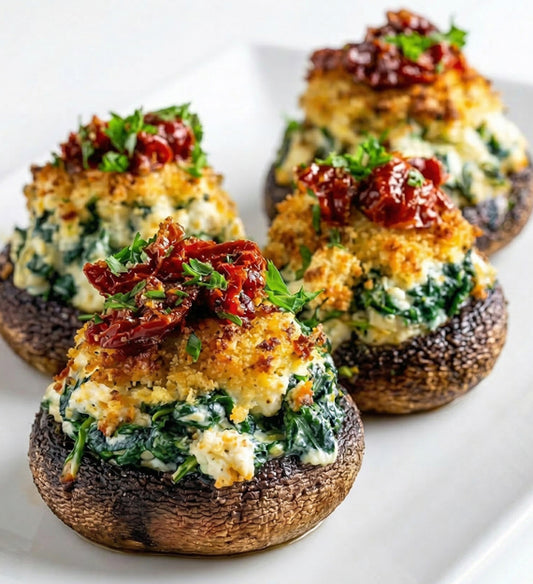 Stuffed Cremini Mushroom with Chevre, Spinach, Sundried Tomato, and Basil Pesto