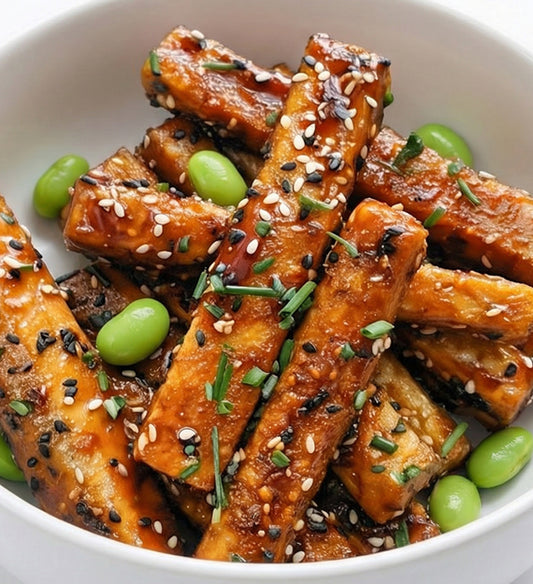 Chili-Glazed Grilled Tofu Sticks, Ginger, Garlic, Tamari, Rice Vinegar, Sesame Seeds, Edamame, Green Onion, Chili Flakes