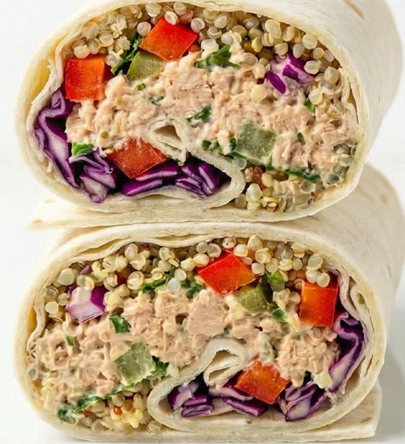 Tuna Tabouleh – Tuna Salad, Celery, Lemon Juice, Red Onion, Mayonnaise, Quinoa, Tomato, Cucumber, Pepperoncini, Flour Tortilla
