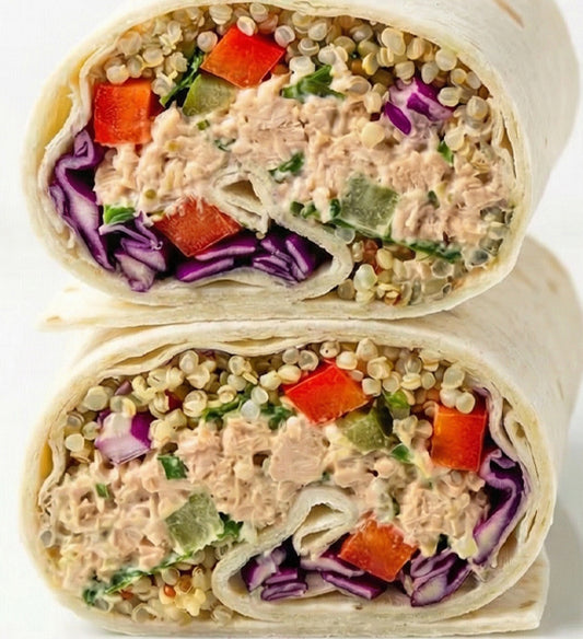 Tuna Tabouleh – Tuna Salad, Celery, Lemon Juice, Red Onion, Mayonnaise, Quinoa, Tomato, Cucumber, Pepperoncini, Flour Tortilla