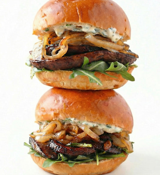 Balsamic Grilled Portabella Mushroom Slider, Basil (Vegan) Aioli, Caramelized Onion, and Arugula