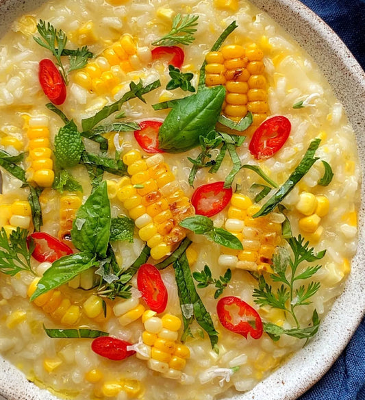 Vibrant Garden Risotto, with Brentwood Corn, Heirloom Cherry Tomato, Fresh Spinach, Herbs, and Parmesan Cheese