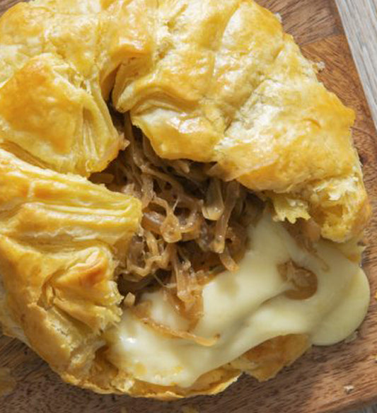 French Onion Baked Brie En Croute, Wrapped in Puff Pastry