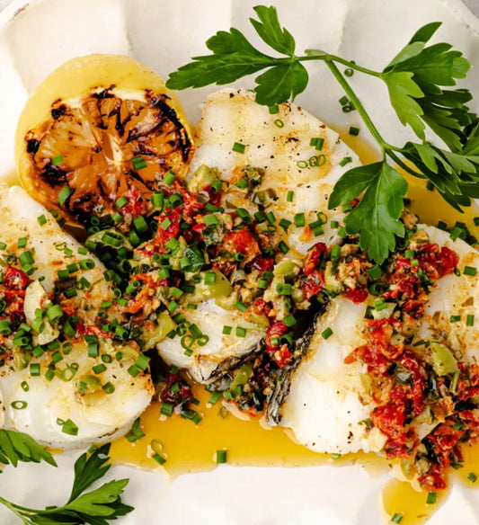 Grilled Sea Bass Piccata with Tomato Confit