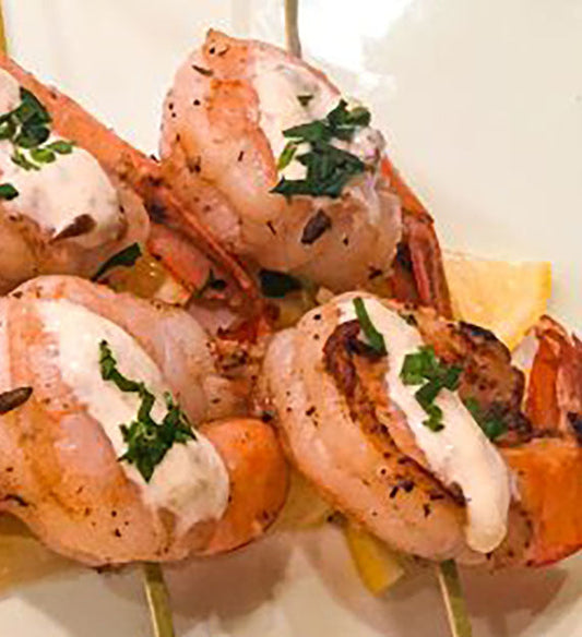 Grilled Herb de Provence Garlic Prawn Skewer with Dijon Caper Aioli