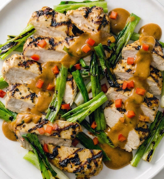 Grilled Tamari Ginger Chicken Breast, Spiced Peanut Sauce, Shredded Carrot, Red Bell Pepper, Scallion